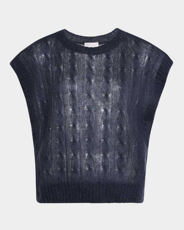 Mohair Cozy Cable-Knit Cap-Sleeve Sweater